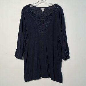CHICO'S Cruise Beach Career 100% Linen Sequin Split V Tab 3/4 SLV Navy Tunic XXL